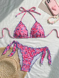 Women Cute Bikini Set 2025 New Summer Orange Floral Print Halter Ruffles Push Up Tie Side Thong Swimsuit Bathing Suit