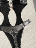 S - XL Snake Skin Deep V Neck One Piece Swimsuit Women Swimwear Female High Cut Out Monokini Backless Bathing Suit Swim Bodysuit