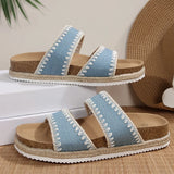 Bohemian Style Platform Slippers Women Plus Size 43 Embroidery Denim Thick Bottom Sandals Woman Open Toe Non Slip Summer Sandles