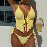 DEKA Yellow Triangle Vest Bikini Set Women String Halter Thong Sexy Swimsuit Heart Bead Swimwear Bathing Suit Lace up Bikinis