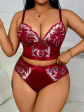 Plus Size Minimizer Lingerie Set, Sexy Deep Red Embroidered Push-up Support Bra & Panty