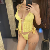 Wrinkled Tankini Halter Bikini Women Swimwear Female Swimsuit Two-Pieces Bikini Set High Cut Leg Bather Bathing Suit Swim V7154