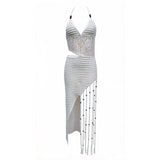 New Tassels Asymmetric Halter Crochet Knitted Tunic Beach Cover Up Cover-ups Beach Dress Beach Wear Beachwear Female Women V8257
