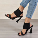 Square Toe High Heeled Sandal Women's Elastic Strap Slingback Pyramid Heeled Shoes Fashion Plus Size Sandals with Peep Toe Heels