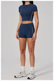 Color Contrast Yoga Suit Women Short Sleeve O Neck Sports T Shirts Tracksuit Outwear High Waist Shorts Gym Running Fitness Suits