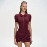 FDYOUI Women's Polo Collar Zip-up Jumpsuit Dress Chic Short Sleeve Folds Solid Bodysuits One Piece Yoga Fitness Sporty Playsuits
