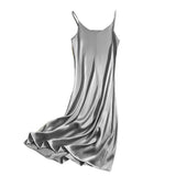 Women Evening Dress V Neck Low Cut Spaghetti Strap Solid Color Backless Dress-up Sleeveless Satin Wedding Party Midi Dress