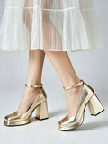 Big Size 32-46 Elegant Gold Metallic Platform High Heels Women Shoes Square Toe Ankle Strap Chunky Heel Party Wedding Pumps
