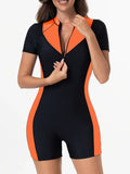 2026 Zipper Short Sleeve Slim Swimsuit Women One Piece Padded Swimwear Female Bather Bathing Swimming Swim Surf Suit Beachwear