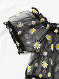 Mesh Floral Printed Off Shoulder 2Pcs Lingerie Set for Women Sexy Underwear Transparent Tops+Shorts Panties Exotic Sets