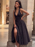 FDYOUI Chic Halter Polka Dot Vacation Dresses for Woman 2026 Summer Lace-up Backless High Waist Tunics Ruched A-line Party Dress