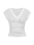 Women Summer Sheer Lace Tops Slim Fit V Neck Cap Sleeve Ruched Slim Crop Shirts Going Out Office Party Sexy T-shirt