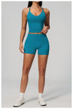 New Yoga Sets Women V Neck Back Criss Cross Sports Tank Top High Waist Butt Lift Shorts Fitness Suit Gym Running Workout Clothes