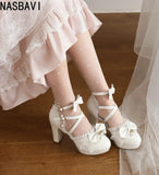 New Lolita Japanese Pearl Bow Sweet Cute Strap 9cm High Heeled Round Head Student Shoes Girls Vintage Sandals Single shoes 33-46
