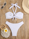 Halter Bikinis 2026 Women Bandeau Swimsuit Solid Sexy Ring Link Swimwear Female Bathers Bathing Swimming Swim Suit Beachwear