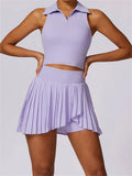 Outdoor Breathable Golf Wear Tennis Sport Sets Women Turn Down Collar Sleeveless Top Short 2 in 1 Skirt Running Fitness Set