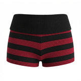 Summer Women's Trendy Shorts Foldover Waistband Striped Knit Shorts Beach Casual Streetwear