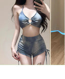 Swimsuit Women's Blue Tie Dye Split Bikini Cover, Sexy Women's Hot Spring Swimsuit Three Piece Set