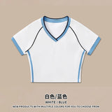 Hot girl top V-neck exposed navel contrasting color splicing clothes women's street short-sleeved T-shirt