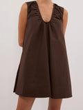 Women Summer Solid Color V Neck Loose Tank Dress Sleeveless Beach Mini Dresses with Pocket