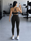 Halter Neck Yoga 2Pcs Set Women Soft Stretchy Top & Long Pants Gym Wear