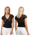 Women Summer Sheer Lace Tops Slim Fit V Neck Cap Sleeve Ruched Slim Crop Shirts Going Out Office Party Sexy T-shirt