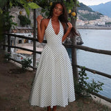 FDYOUI Chic Halter Polka Dot Vacation Dresses for Woman 2026 Summer Lace-up Backless High Waist Tunics Ruched A-line Party Dress