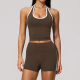 Naked Color Contrast Yoga Sets Women Hanging Neck Sports Vest Gym Clothes Breathable High Waist Shorts Fitness Suits Tracksuit
