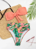 2026 Sexy Bikini Bandeau Women Push Up Swimwear Swimsuit Pleated Leaf Print High Waist Backless Bikinis Set Beach Bathing Suit