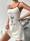 Summer Cute Letter Print Nightdress Women Nightgown Spaghetti Strap Mini Cami Lettuce Hem Contrast Trim Loungewear