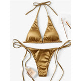 Sexy Satin Halter Brazilian Padded Bikini Female Swimsuit Women Swimwear Two-Pieces Bikini Set Bather Bathing Suit Swim V4966S