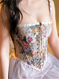 Women Retro Jacquard Corset Lace Floral Trim Bandage Bustier Crop Tops Boat Neck Irregular Camisole Tank Tops Female