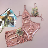 Sexy Patch flower Metallic Pink Irregular Swimsuits Bikinis Sets Two Pieces with Mini Split Skirt Swimsuit Bathing Suit Biquini