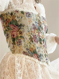 Women Retro Jacquard Corset Lace Floral Trim Bandage Bustier Crop Tops Boat Neck Irregular Camisole Tank Tops Female
