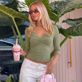 FDYOUI Women's T-shirt Tops Casual Fashion Lace Patchwork Green T Shirts Female Clothing V-neck Ruched Slim Crop Top Streetwear