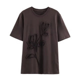 Women's Short Sleeve Round Neck Slim Fit Bow T-Shirt Floral For Women Soft Ruffled Floral Embroidery For Casual Outings Q702