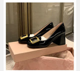 Women Pumps Fashion Square Heel Sexy High Heels Wedding Shoes Ladies Round Toe Metal Buckle Party Chunky Shoes Zapatillas Mujer