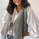 Women's Knit Waistcoat Contrast Color Trim Lacing Closure V-Neck Sleeveless Knit Sweater Vest Cardigan Outerwear