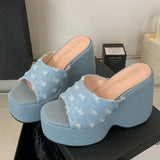 2025 Vintge Denim Blue Summer Chunky Platform Sandals Women Slides Chunky High Heels Wedges Shoes Mules Outdoor Slipper