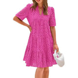 Casual Short Sleeve V-neck Midi Dress Women's Hollow Out Eyelet Dress Summer Beach Tiered Flowy A-line Sundress