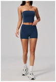 Summer Tight Yoga Suit Women Color Contrast Strapless Slim Sports Tank Top Shorts Fitness Suit Gym Running Workout Tracksuit