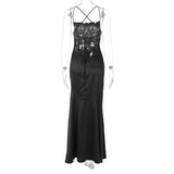 FDYOUI Women's Bandage Long Maxi Satin Dress Black 2026 Sexy Spaghetti Strap Slash Neck Backless Lace-up Party Evening Dresses