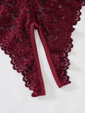 Date-specific Deep V cut WineRed lace one-piece dress. Lightweight sheer cross-strapped women's sexy lingerie set.