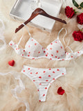 White Heart Print Lace Trim Underwear Set Women's Lingerie Bra And Panty Set For Valentine's Day