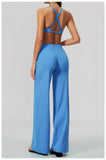Summer 2 Piece Yoga Sets Women Tight Back Cross Sports Bra High Waist Peach Hip Wide Leg Pants Gym Running Fitness Workout Suits