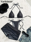 S - XL With Shorts Polka Dot Halter Bikini Female Swimsuit Women Swimwear Three-pieces Bikini Set Bather Bathing Suit Swim V8292
