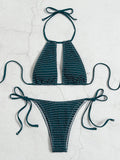 2025 Halter Tie Side Hollow Out Smocked Bikini Women Swimsuit Female Swimwear Two Pieces Bikini Set Swim Bathing Suit Beach Wear