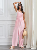 Women Fashion Jumpsuits Sleeveless Buttons Suspender Wide Leg Pant Overalls with Pockets Casual Loose Romper Streetwear