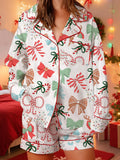 Women's 2025 Satin Christmas Pajama Set Long Sleeve Lapel Bow Print Shirt Wide Leg Shorts Loose Two Pieces Sleepwear