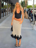 FDYOUI Elegant Polka Dot White Skirts for Women Chic Low Waist Lace Patchwork Mid-calf Skirt Office Lady Slim Dress Streetwear